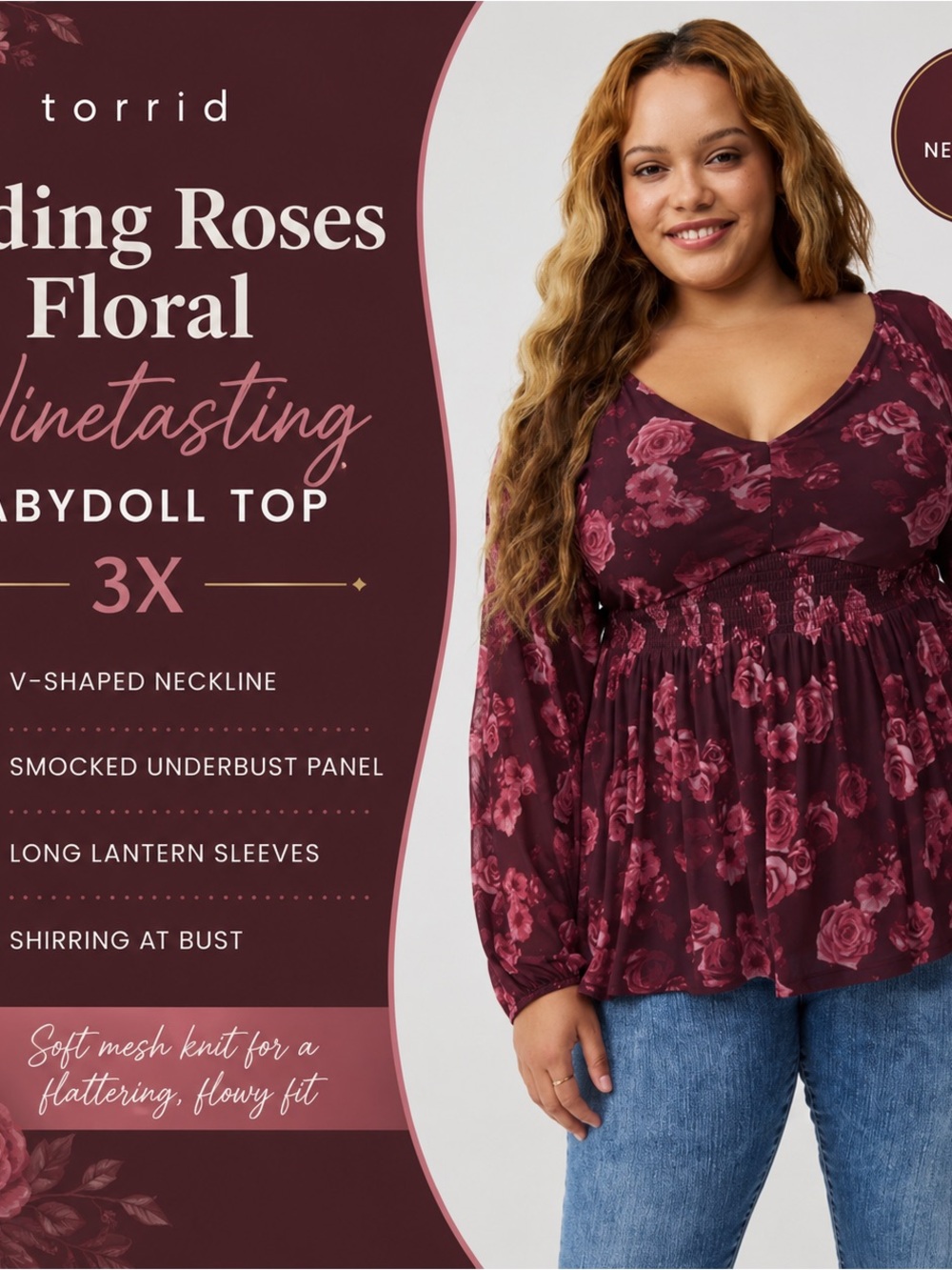 Torrid Fading Roses Floral Winetasting Babydoll with Long Mesh Sleeves Top 3X